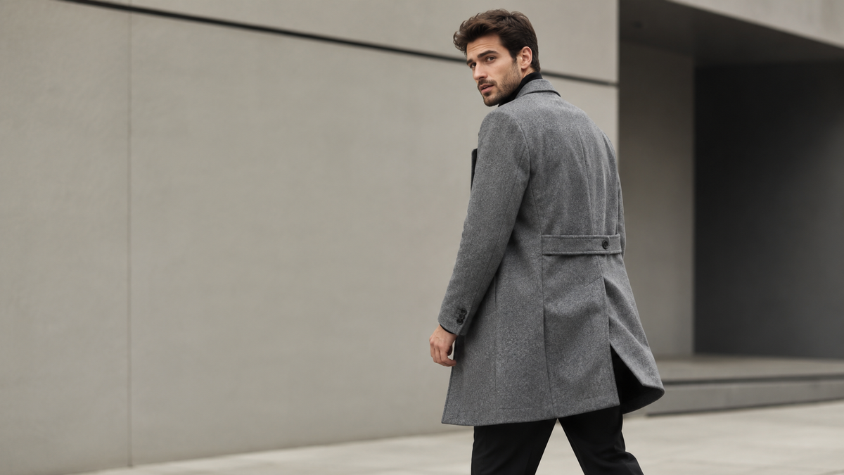 Homem com sobretudo masculino cinza em look neutro e moderno