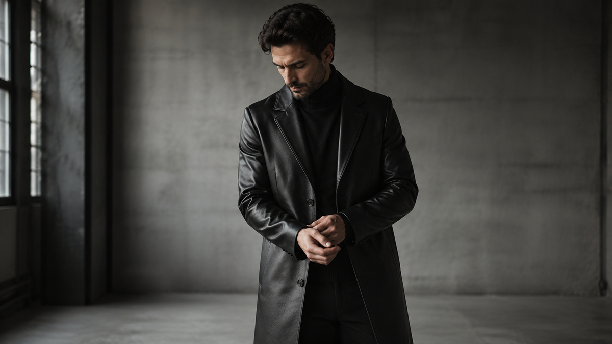 Homem com sobretudo de couro masculino preto em look moderno