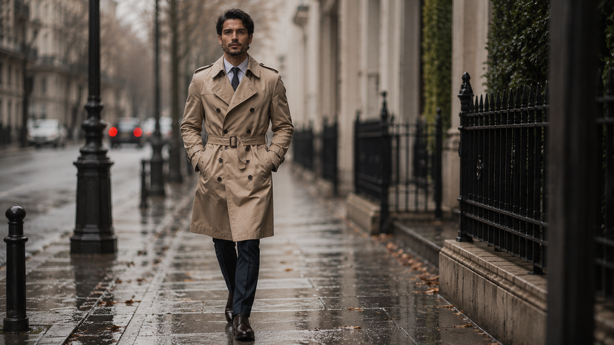 Homem com trench coat masculino bege com cinto