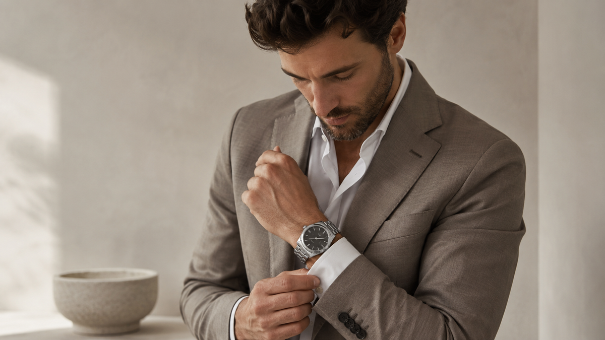 Relógio masculino de aço inox em detalhe