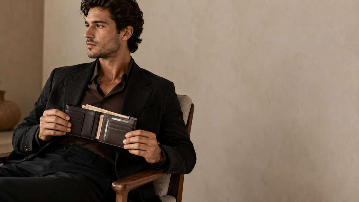 Carteira masculina de couro com cartões organizados