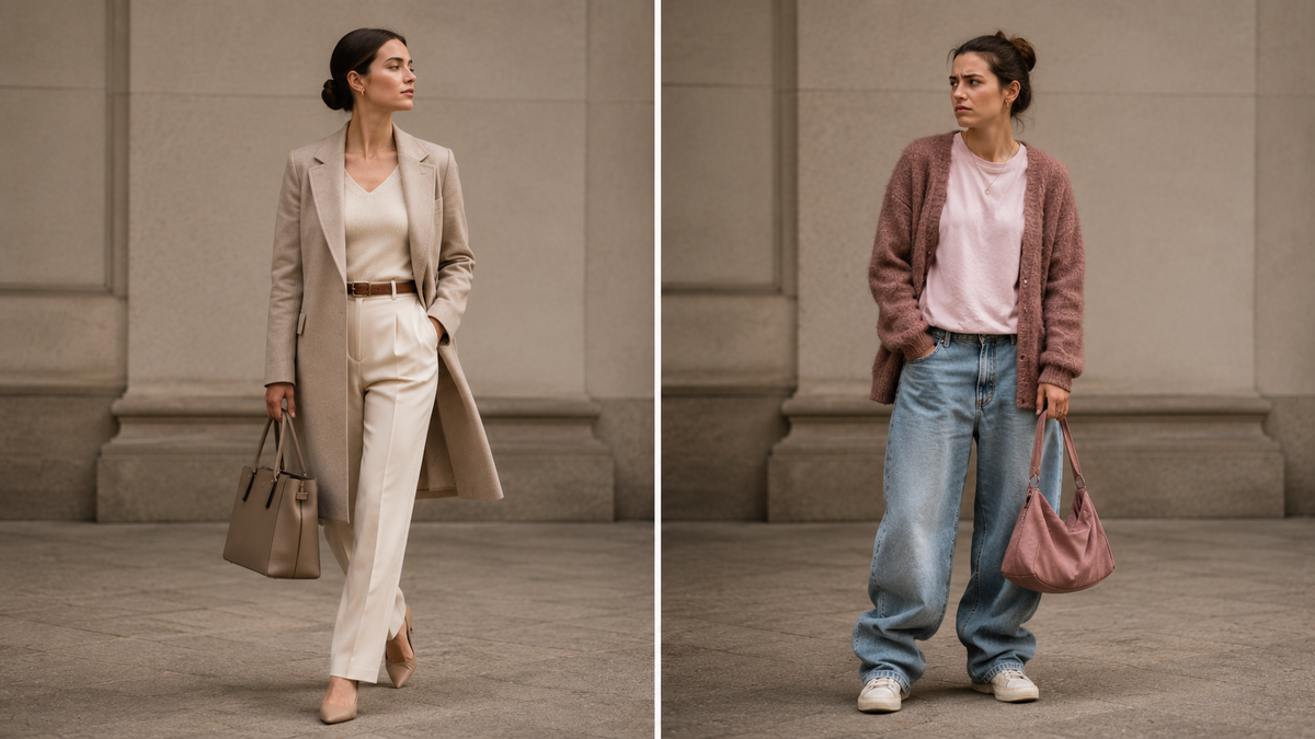 Comparação entre look elegante e look com erros de estilo