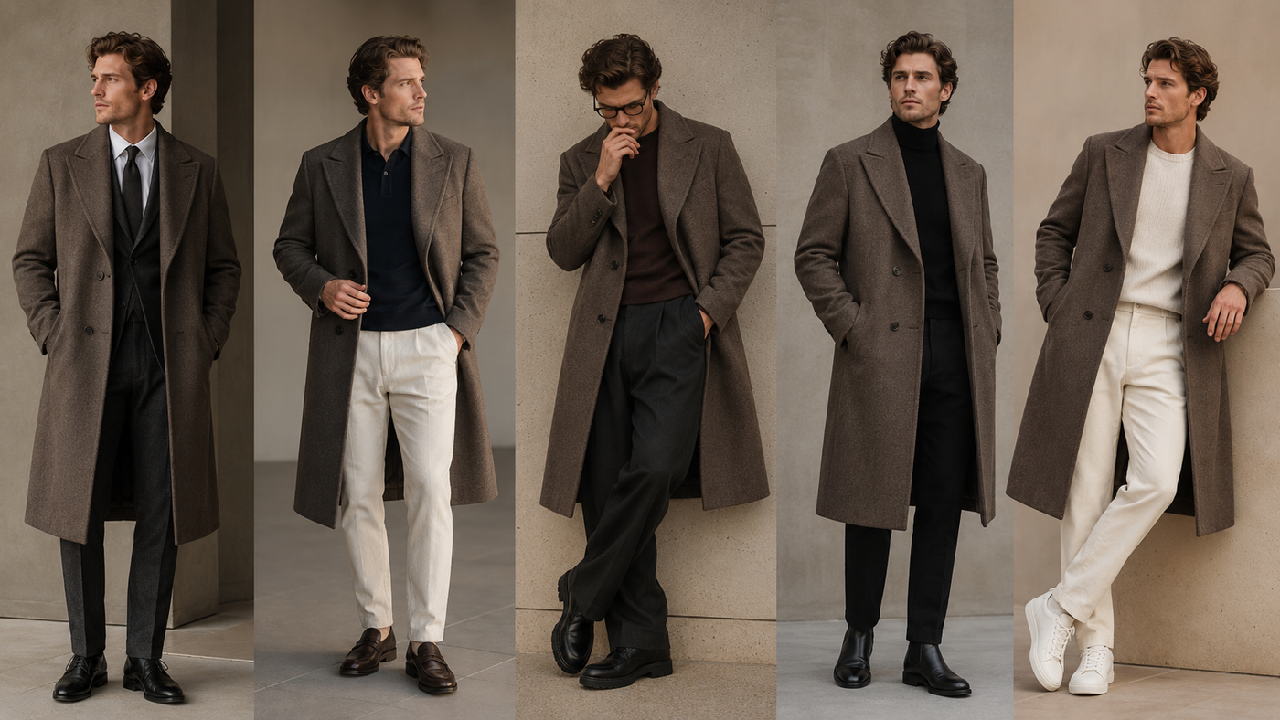 O mesmo sobretudo masculino usado em cinco looks diferentes