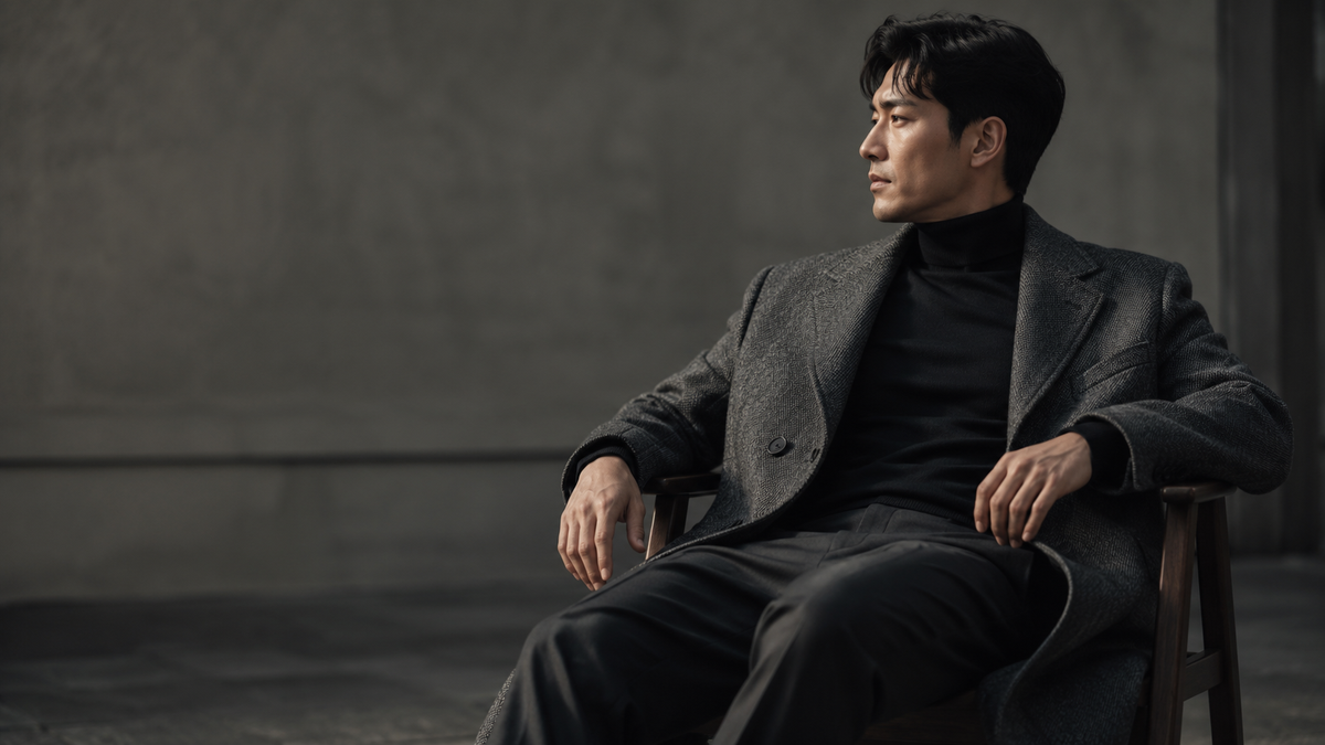 Homem com sobretudo longo em look de inspiração cinematográfica