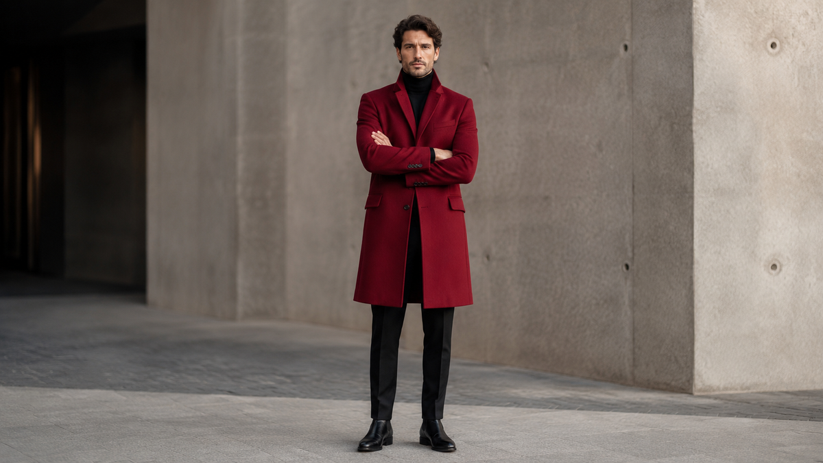 Homem com sobretudo masculino vermelho marcante em look urbano