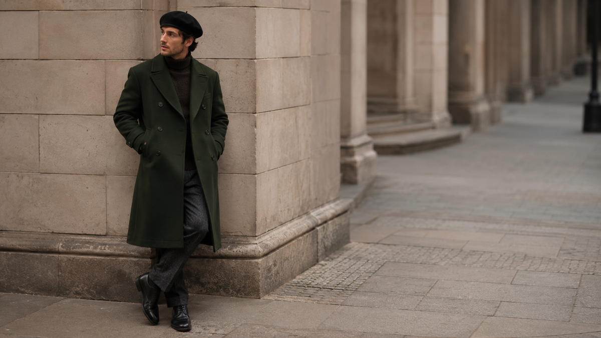 Homem com sobretudo masculino verde escuro em look de inverno vintage