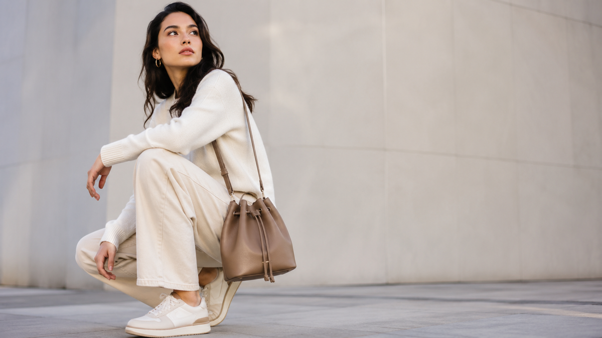Bolsa bucket feminina em look moderno