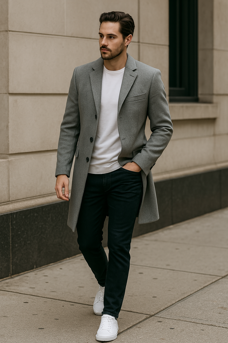 Homem com sobretudo cinza claro, camiseta branca e tênis branco, em look casual elegante para o inverno