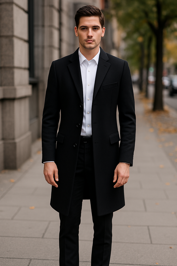 Homem com sobretudo preto e camisa branca social, em visual formal elegante para o inverno na cidade