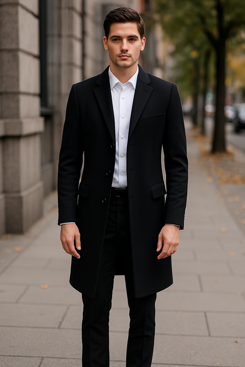 Homem com sobretudo preto e camisa branca social, em visual formal elegante para o inverno na cidade