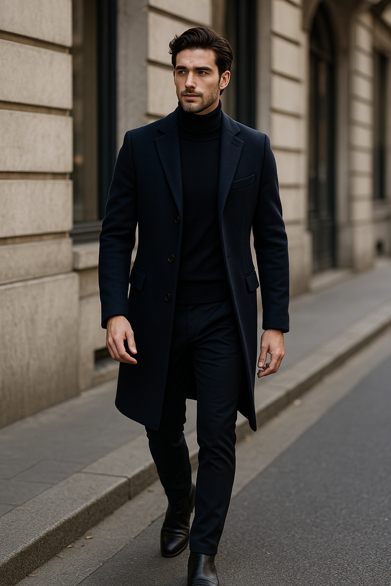 Homem com sobretudo preto e look monocromático, em visual sofisticado e minimalista para o inverno urbano