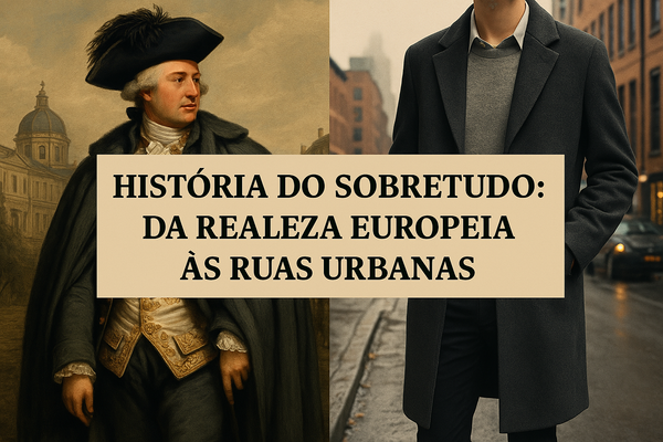 Montagem com nobre europeu e homem moderno usando sobretudo, representando a evolução histórica da peça da realeza às ruas urbanas