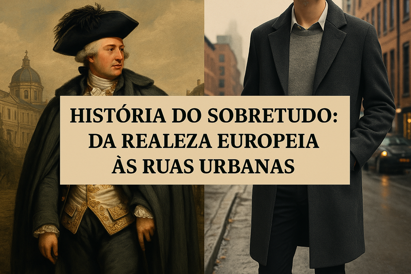 Montagem com nobre europeu e homem moderno usando sobretudo, representando a evolução histórica da peça da realeza às ruas urbanas
