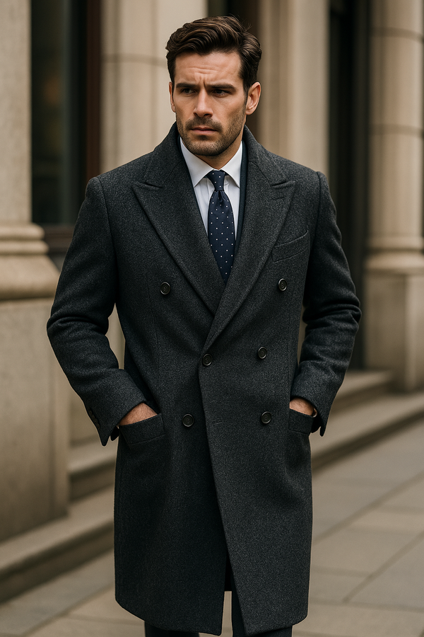 Homem com sobretudo cinza escuro, camisa branca e gravata azul marinho com poás, em look executivo elegante de inverno