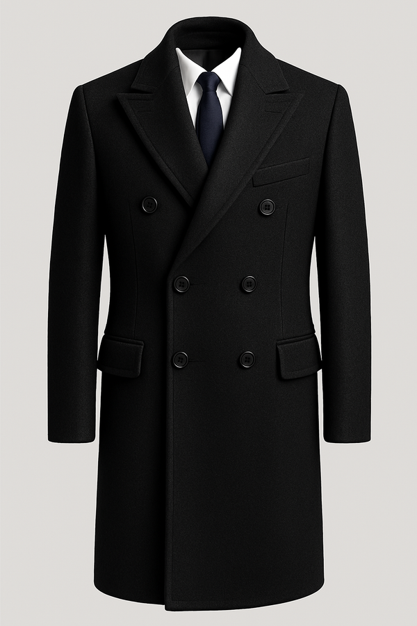Sobretudo masculino preto com corte formal e abotoamento duplo, sobre camisa branca e gravata preta, em exibição sofisticada