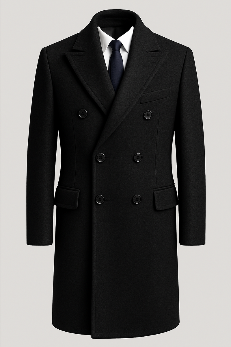 Sobretudo masculino preto com corte formal e abotoamento duplo, sobre camisa branca e gravata preta, em exibição sofisticada