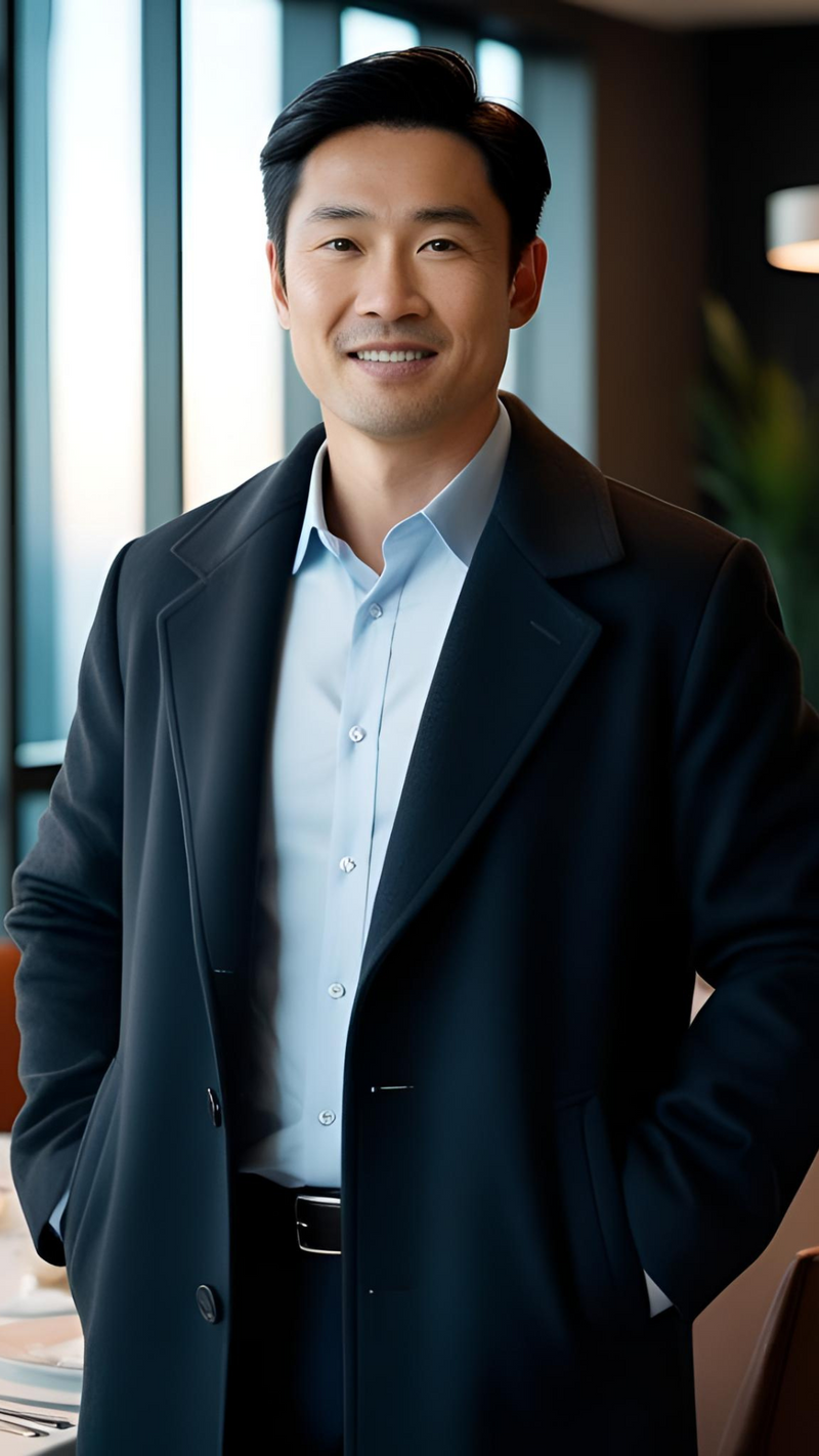 Homem sorridente com sobretudo azul escuro e camisa social azul clara, em look executivo moderno no ambiente de trabalho