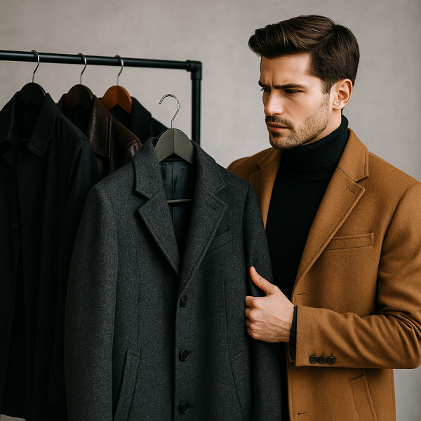 Homem escolhendo sobretudo masculino em um cabideiro, analisando o modelo ideal para clima e estilo
