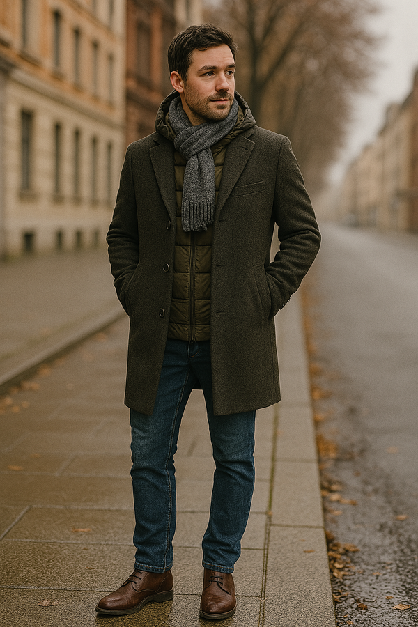 Homem com sobretudo escuro, jaqueta e cachecol cinza em rua urbana no outono, ideal para blog sobre moda masculina de inverno