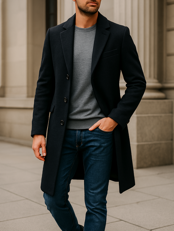 Homem com sobretudo preto, suéter cinza e jeans, em look casual sofisticado para o inverno urbano