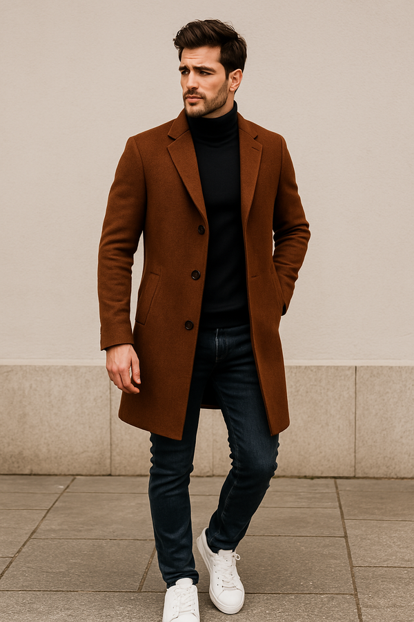 Homem com sobretudo marrom, gola alta preta, jeans e tênis branco, em look casual moderno para o inverno