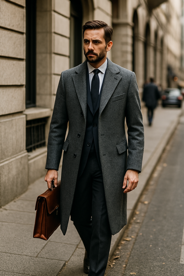 Homem com sobretudo cinza escuro, terno preto e pasta de couro marrom, em look executivo elegante para o inverno urbano