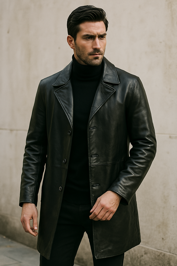 Homem com sobretudo de couro preto sobre gola alta, em look masculino moderno e sofisticado para dias frios
