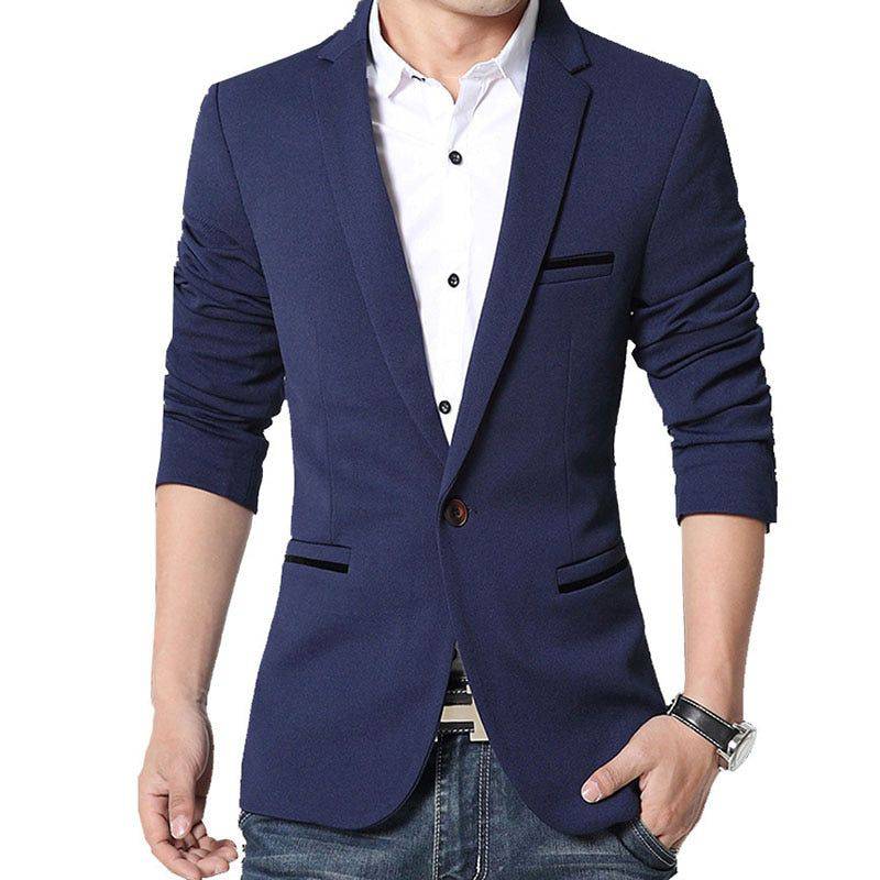 Alt text: Blazer Casual Masculino Slim Confort em tecido cinza.