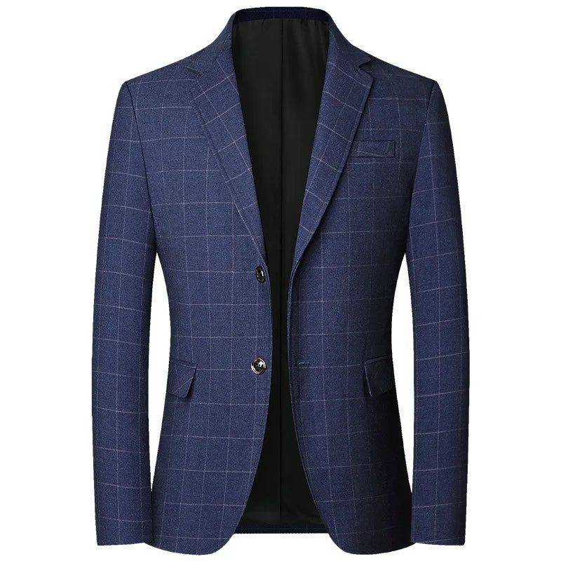 Blazer masculino executivo slim azul marinho em tecido de lã.