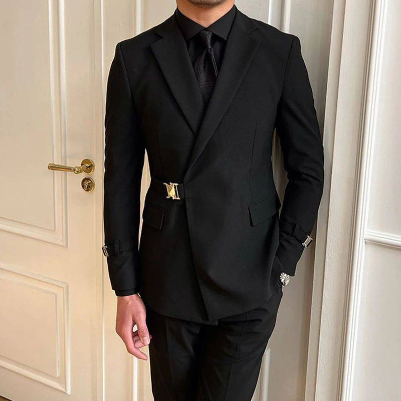 Alt text: Blazer preto slim masculino em tecido elegante Gentleman.