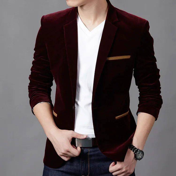 Alt text: Blazer masculino de veludo outono em tom clássico.