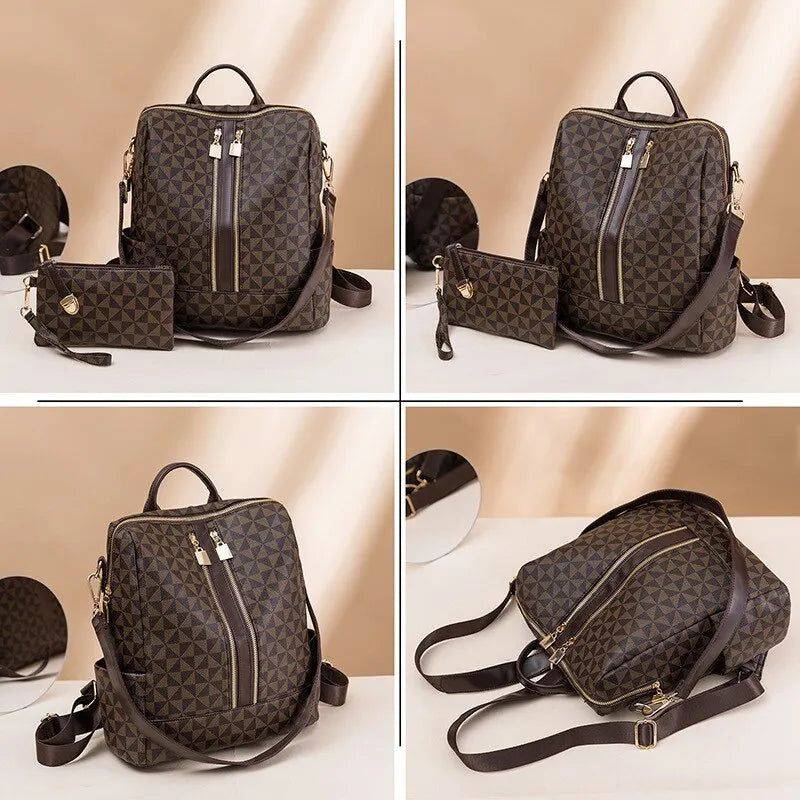 Alt text: Bolsa mochila feminina preta com detalhes geométricos em couro.