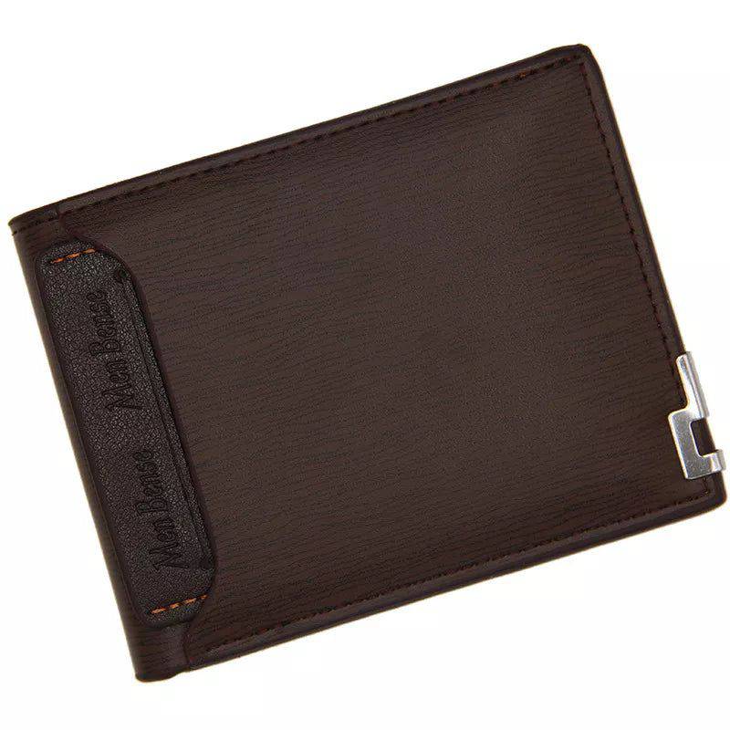 Alt text: Carteira de couro masculina executiva marrom escuro.