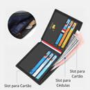 Carteira de couro preta aberta com múltiplos slots coloridos para cartões e compartimento para cédulas