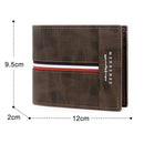 Carteira slim masculina de couro marrom com faixa tricolor, 12cm x 9.5cm x 2cm