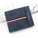 Carteira slim masculina azul-marinho com faixa tricolor e costura branca