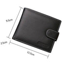 Carteira masculina de couro preto com fechamento em botão, 11.5 x 9.5 x 2.5 cm