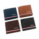 Quatro carteiras de couro masculinas MenBense em azul marinho, marrom claro, marrom escuro e preto com detalhes tricolores