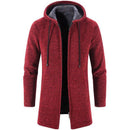 Cardigan burgundy com capuz e forro cinza, fechamento em zíper