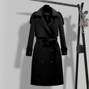 Trench coat feminino longo preto, dupla-face, com cinto e corte alongado