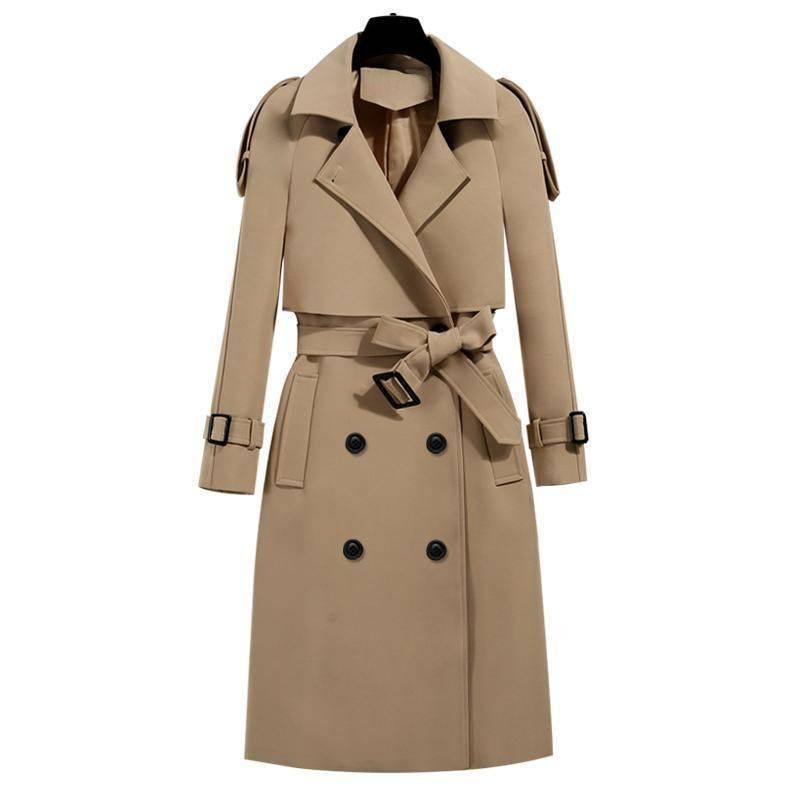 Alt text: "Sobretudo feminino longo em tom neutro, elegante e sofisticado."
