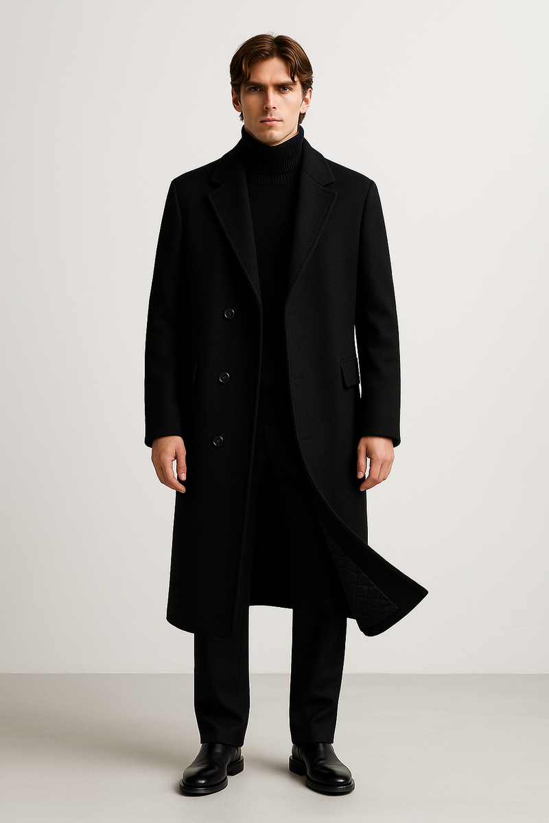 Um homem está de pé, de frente, contra um fundo liso e claro. Ele veste um Casaco Zellum Sobretudo Masculino Longo Abaixo dos Joelhos com blusa de gola alta preta, calças pretas e sapatos sociais. Seu cabelo está bem penteado e seus braços estão relaxados ao lado do corpo.