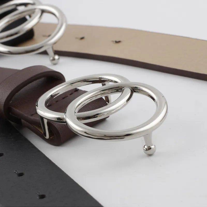 Cinto De Couro Feminino Com Dupla Fivela em Anéis - Zellum