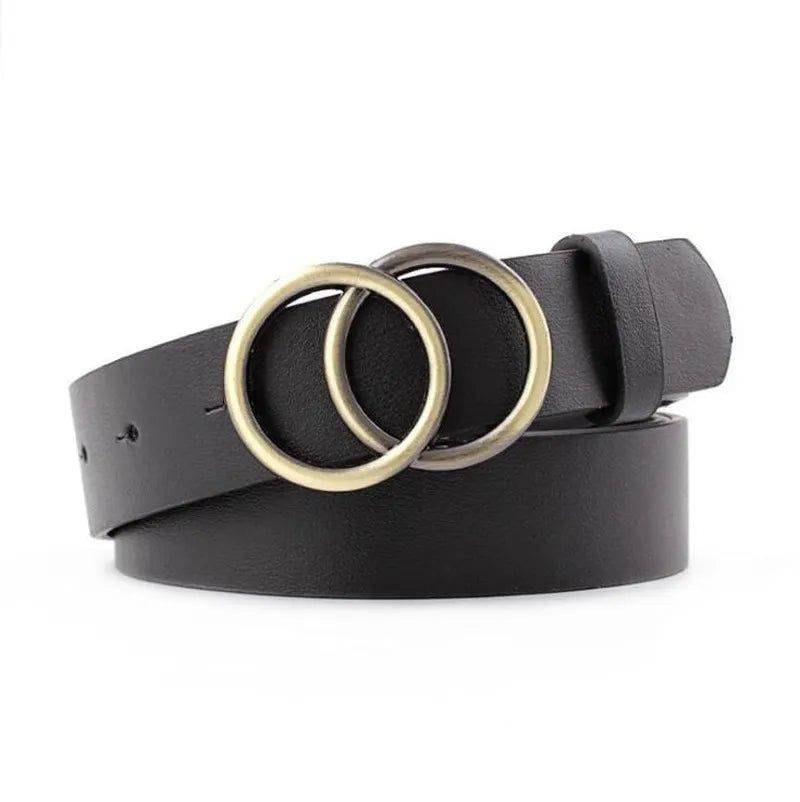 Cinto De Couro Feminino Com Dupla Fivela em Anéis Preto 105CM Couro Genuíno - Zellum