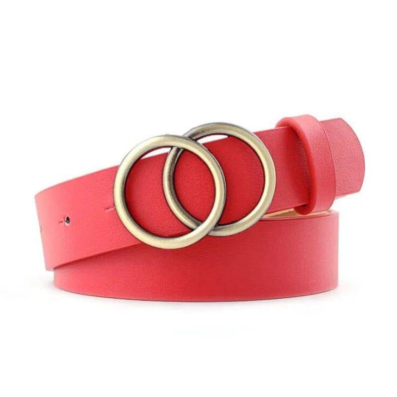 Cinto De Couro Feminino Com Dupla Fivela em Anéis Vermelho 105CM Couro Genuíno - Zellum