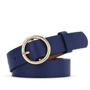 Cinto feminino azul marinho com fivela circular dourada