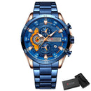 Relógio Curren azul com cronógrafo, pulseira de aço e caixa de presente