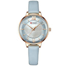 Relógio feminino com mostrador pérola, caixa rosé e pulseira azul claro