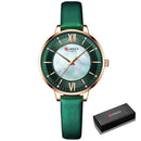 Relógio feminino com mostrador verde, pulseira de couro verde e caixa rose gold