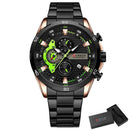 Relógio Curren cronógrafo preto com detalhes verde neon e pulseira de aço